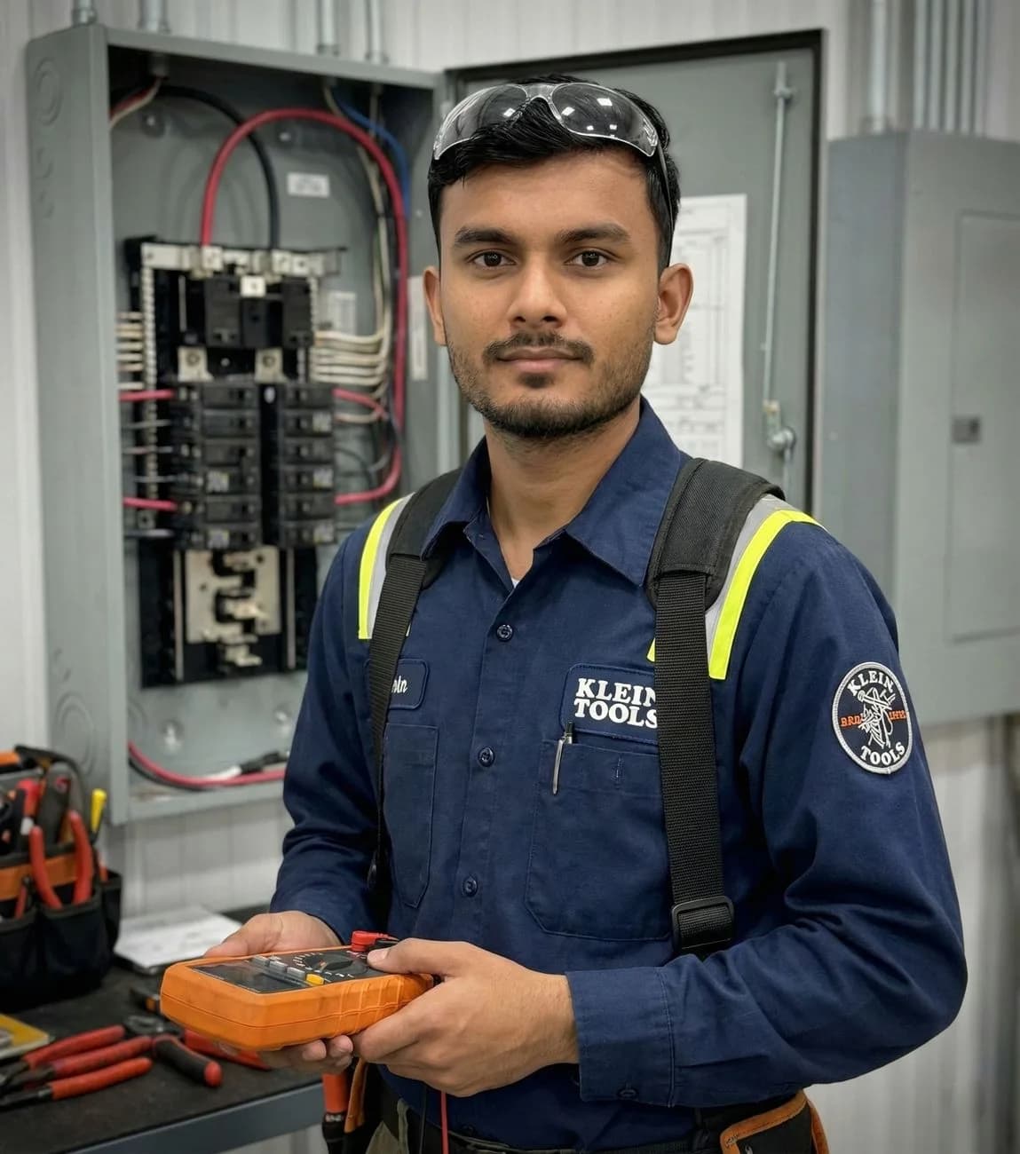 Electrician inspecting a circuit panel with professional testing equipment